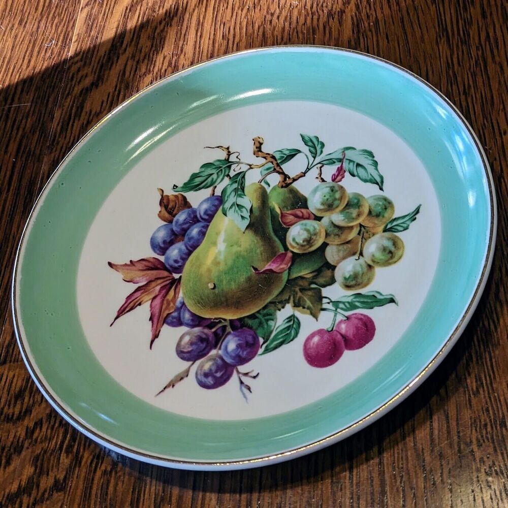 W S George 4 Vintage Fruit Motif Salad Plates 7.25" Apple Grape Pear Plum Gold - Picture 8 of 12